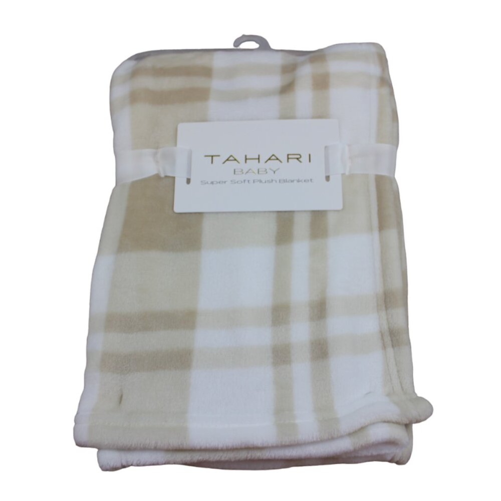 Tahari Baby Blanket Tan White Plaid Fleece Infant Unisex Soft NWT